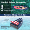 Inflatable paddle board with American flag design, reinforced drop stitch core, and EVA foam pad for secure footing.