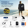 Inflatable paddle board with removable fin, adjustable aluminum paddle, and portable backpack for easy transport.