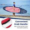 Inflatable paddle board with American flag design, featuring a convenient grab handle for easy transport to the shore.