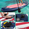 Inflatable paddle board with American flag design, featuring anti-slip EVA pad, D rings, and safety ankle leash for.