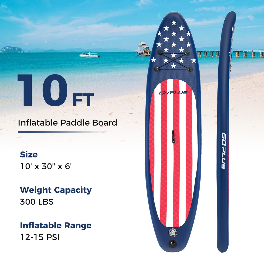 10-foot inflatable paddle board with a flag pattern, reinforced core, and removable fin, perfect for all skill levels.