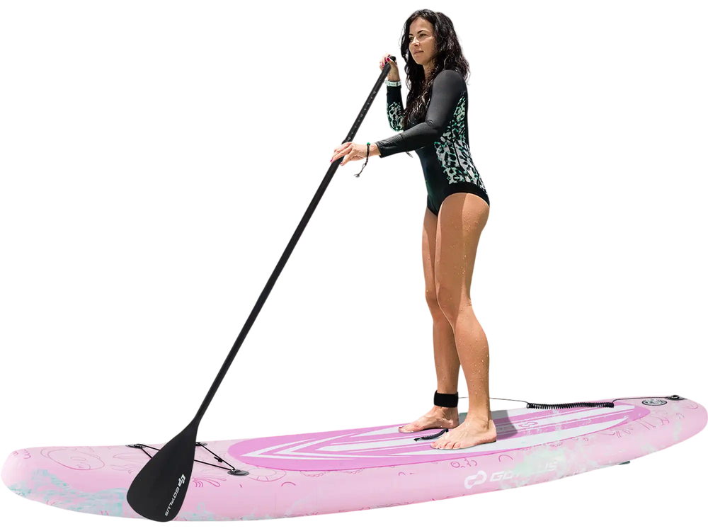 Inflatable stand-up paddle board in pink with anti-slip EVA pad, 3 fins, and a user-friendly backpack for easy.