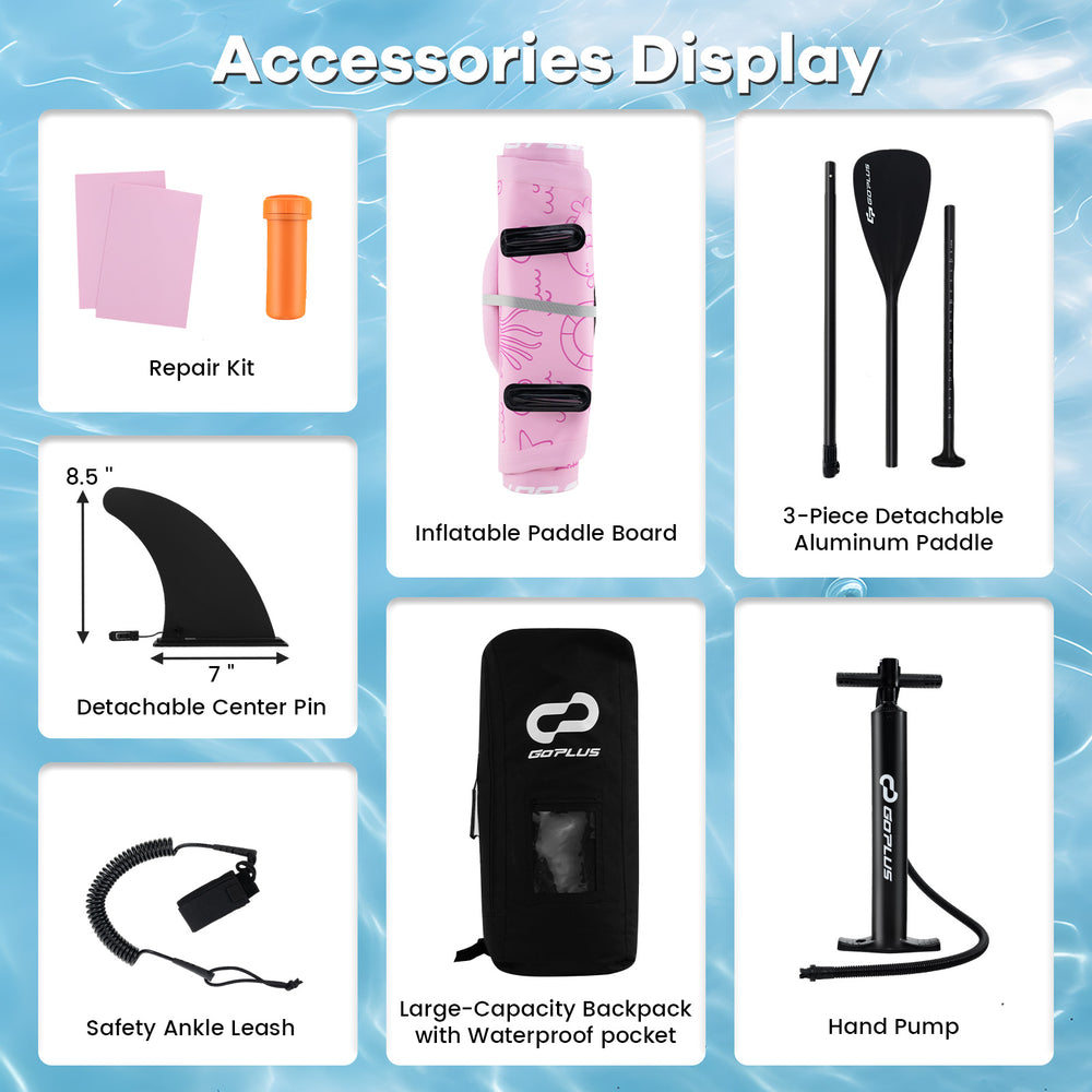 Inflatable paddle board accessories including a 3-piece aluminum paddle, repair kit, and waterproof backpack for easy.