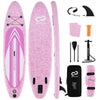 Inflatable stand up paddle board in pink with 3 fins, manual pump, paddle, and backpack for easy transport and storage.