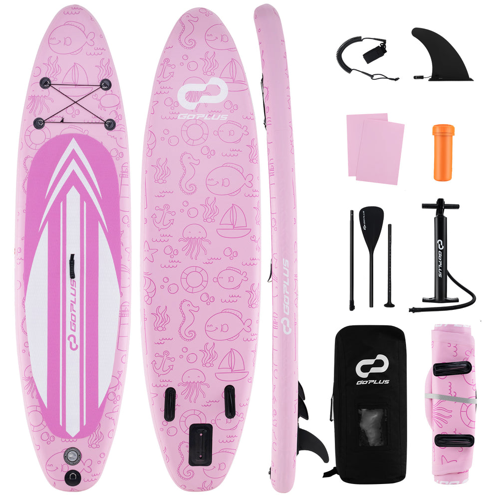 Inflatable stand up paddle board in pink with 3 fins, manual pump, paddle, and backpack for easy transport and storage.