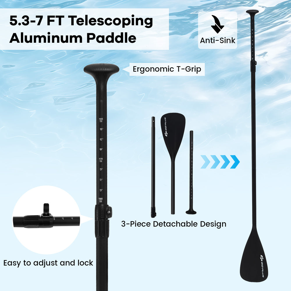 Telescoping aluminum paddle with ergonomic T-grip, adjustable from 5.3-7 FT, designed for easy storage and use.