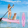 Inflatable stand-up paddle board in pink with anti-slip EVA pad, 3 fins, and backpack for easy transport and storage.