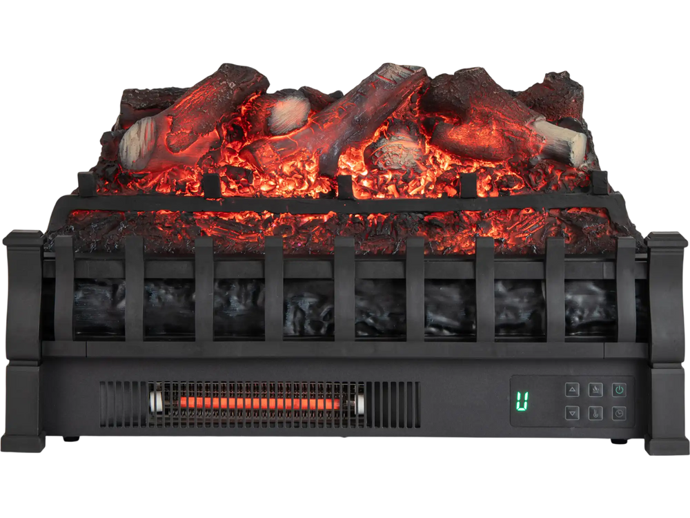 Infrared quartz electric fireplace in black featuring adjustable 3D flame colors and overheat protection for cozy.