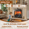 Infrared quartz electric fireplace in black with adjustable 3D flame colors and child lock for safe heating.