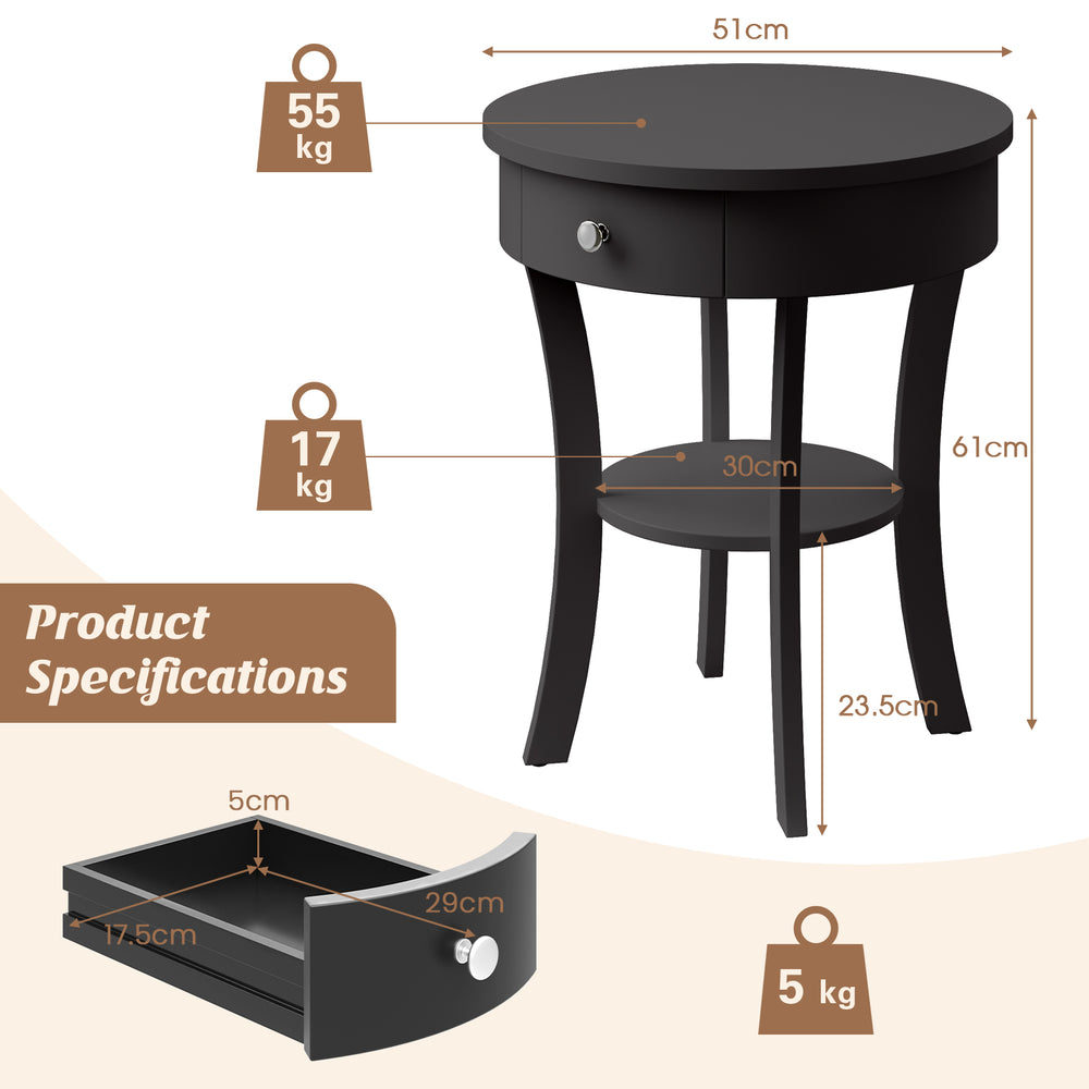 Black 2-tier wood round end table with open drawer and shelf, ideal for bedside or living room storage.