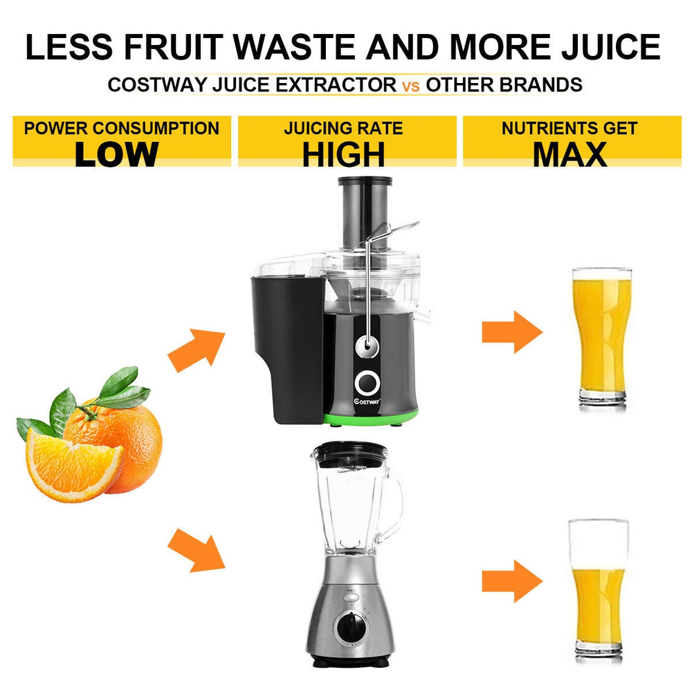 Centrifugal electric juicer with 65 mm wide mouth, stainless steel design, and two-speed settings for efficient juicing.
