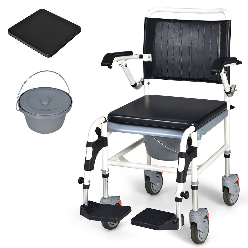 Detachable commode bucket with lid and handle for easy cleaning, designed for the 4-in-1 bedside commode wheelchair.