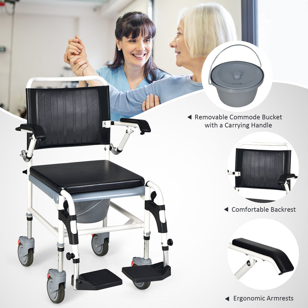 4-in-1 bedside commode wheelchair with detachable bucket, adjustable height, ergonomic armrests, and waterproof PVC.