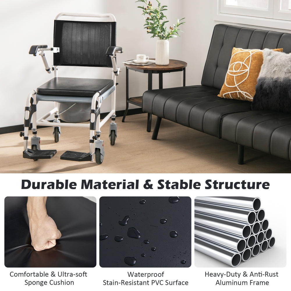 4-in-1 bedside commode wheelchair with detachable bucket, waterproof PVC surface, and adjustable height for versatile.