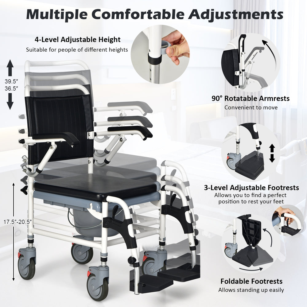 4-in-1 bedside commode wheelchair with adjustable height, rotatable armrests, and foldable footrests for versatile use.