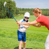 Junior #7 iron golf club for kids with fiberglass shaft, blue headcover, ideal for ages 8-14, enhancing spin and.