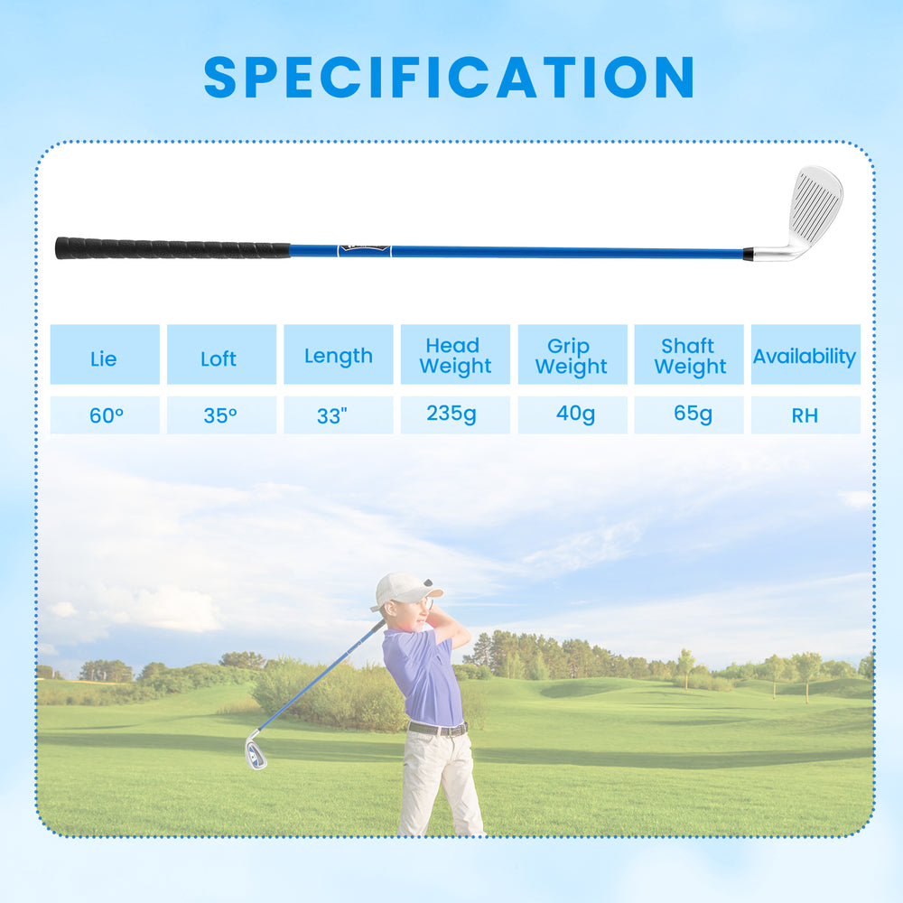 Junior #7 iron club for kids, featuring a fiberglass shaft and aluminum alloy head, ideal for ages 8-14.