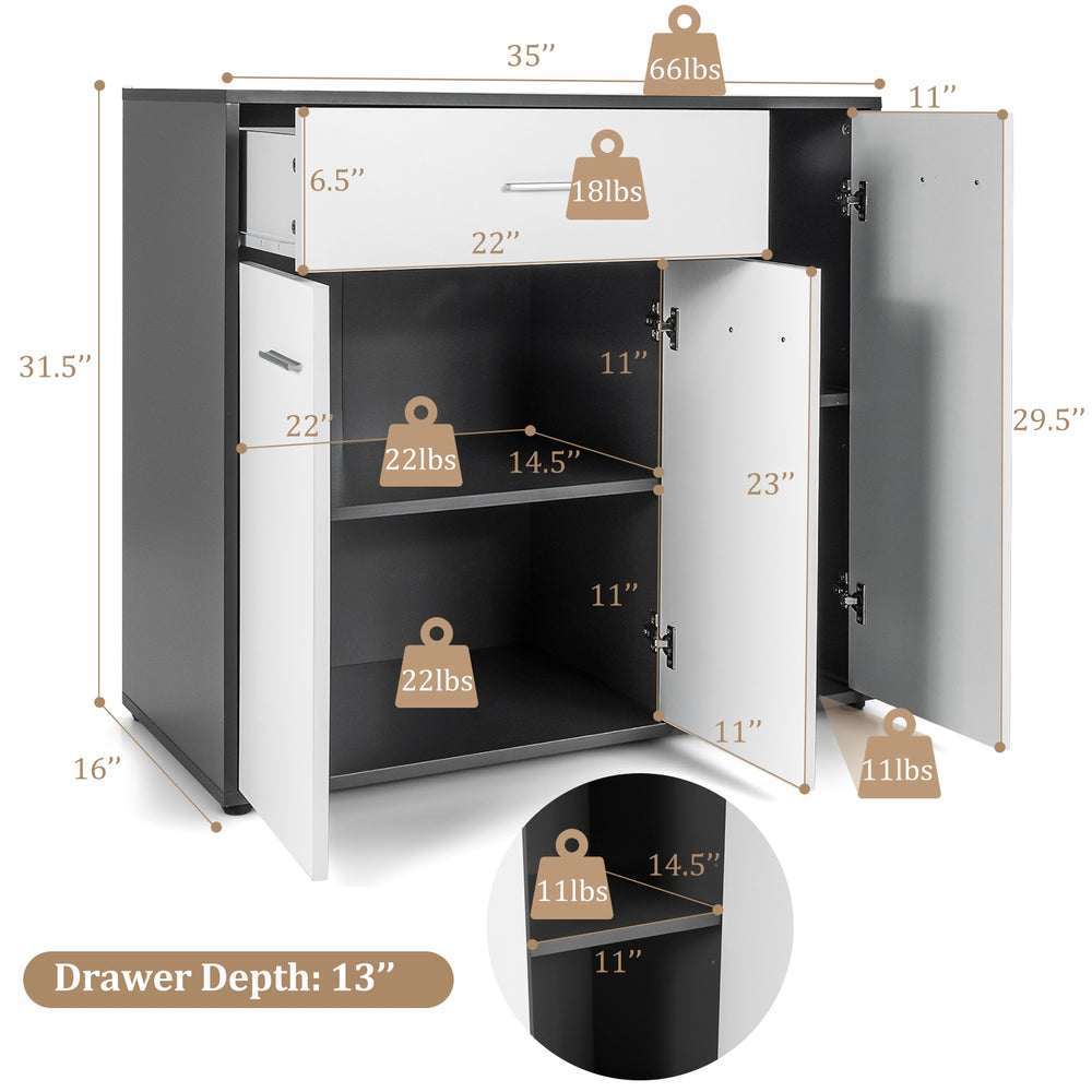 Buffet sideboard storage cabinet with spacious top, pull-out drawer, and adjustable shelves for versatile organization.