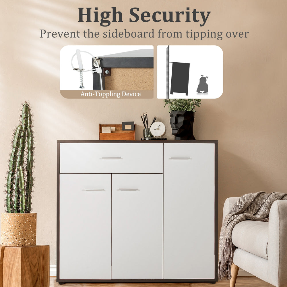 Buffet sideboard storage cabinet with spacious top, pull-out drawer, and anti-tipping device for enhanced safety.
