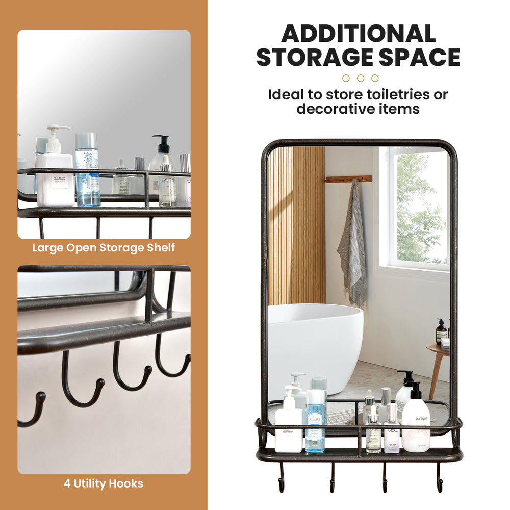 Wall bathroom mirror with open storage shelf and 4 hooks, featuring a sturdy metal frame for versatile home use.