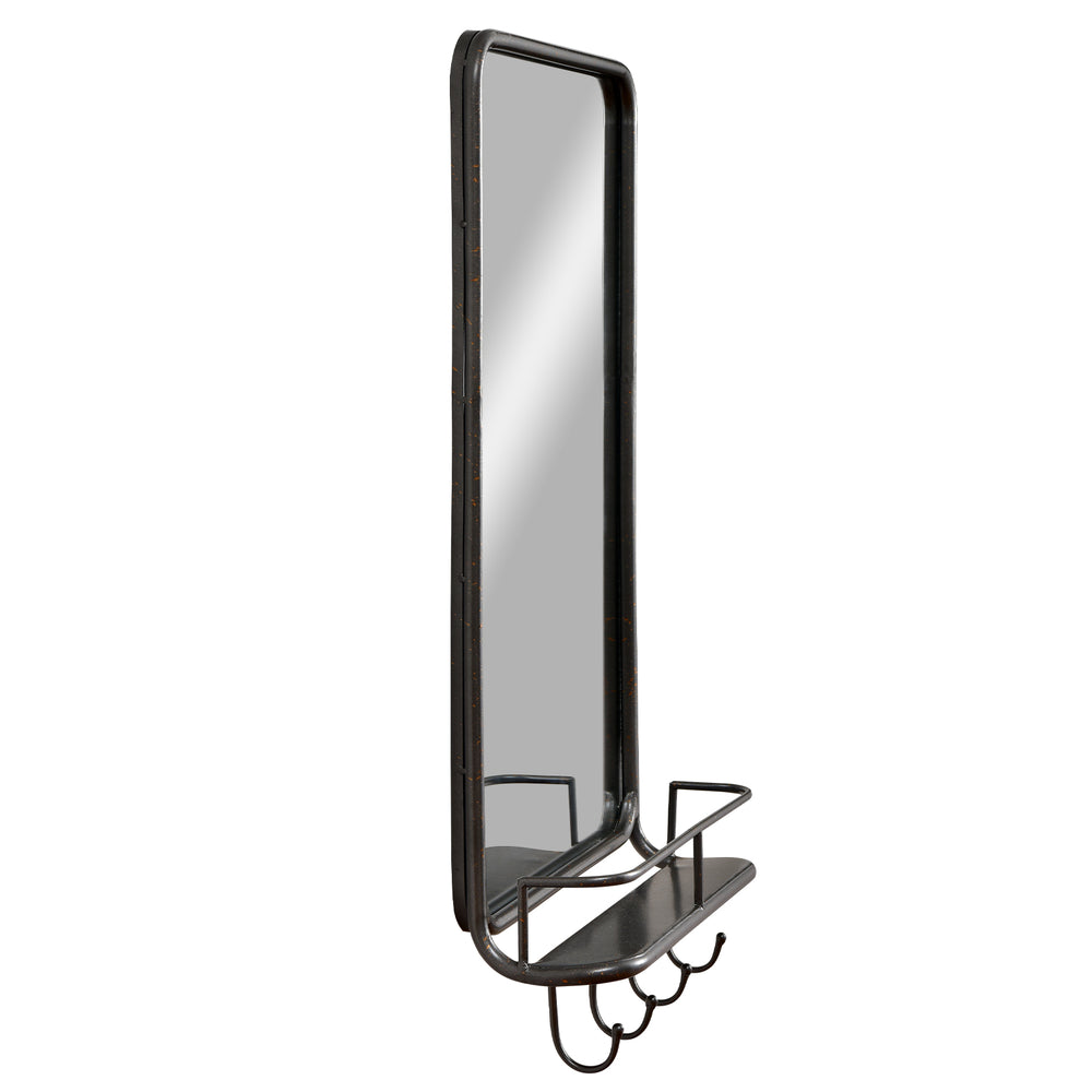 Wall-mounted bathroom mirror with shelf and hooks, sturdy metal frame, shatterproof glass, ideal for versatile home use.
