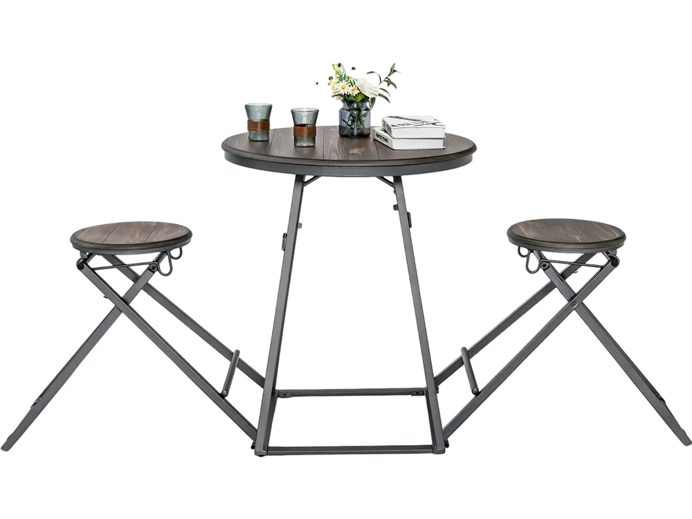 Round dining table set with 2 foldable stools in gray, made of MDF and steel, perfect for small spaces.