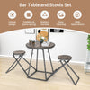 Round bar table with two foldable stools in gray, made of MDF and steel, perfect for small spaces and easy storage.