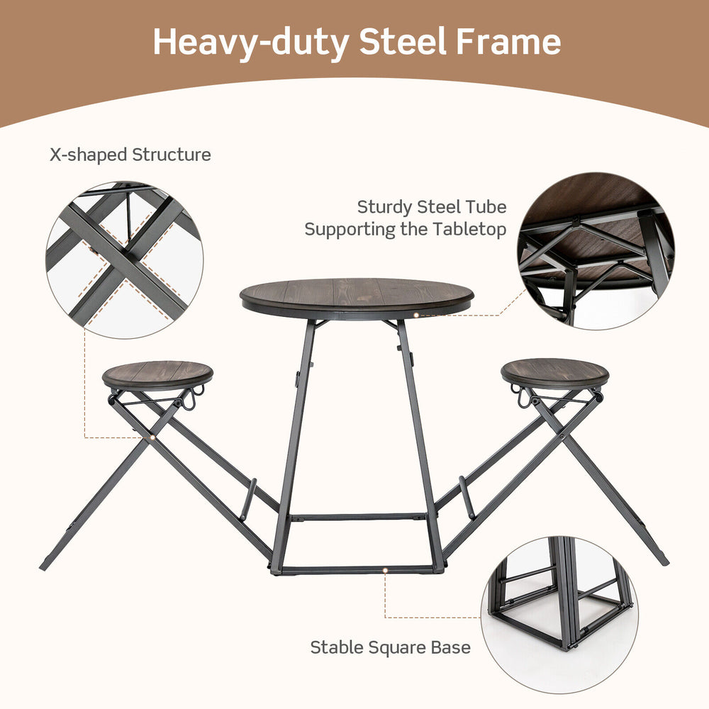 3-piece gray dining table set with heavy-duty steel frame and foldable stools, ideal for small spaces and stability.