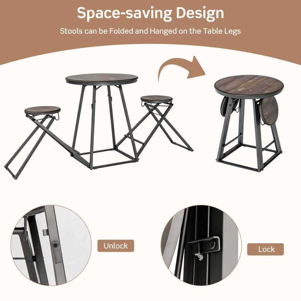 Round dining table set with two foldable stools in gray, designed for small spaces and easy storage.