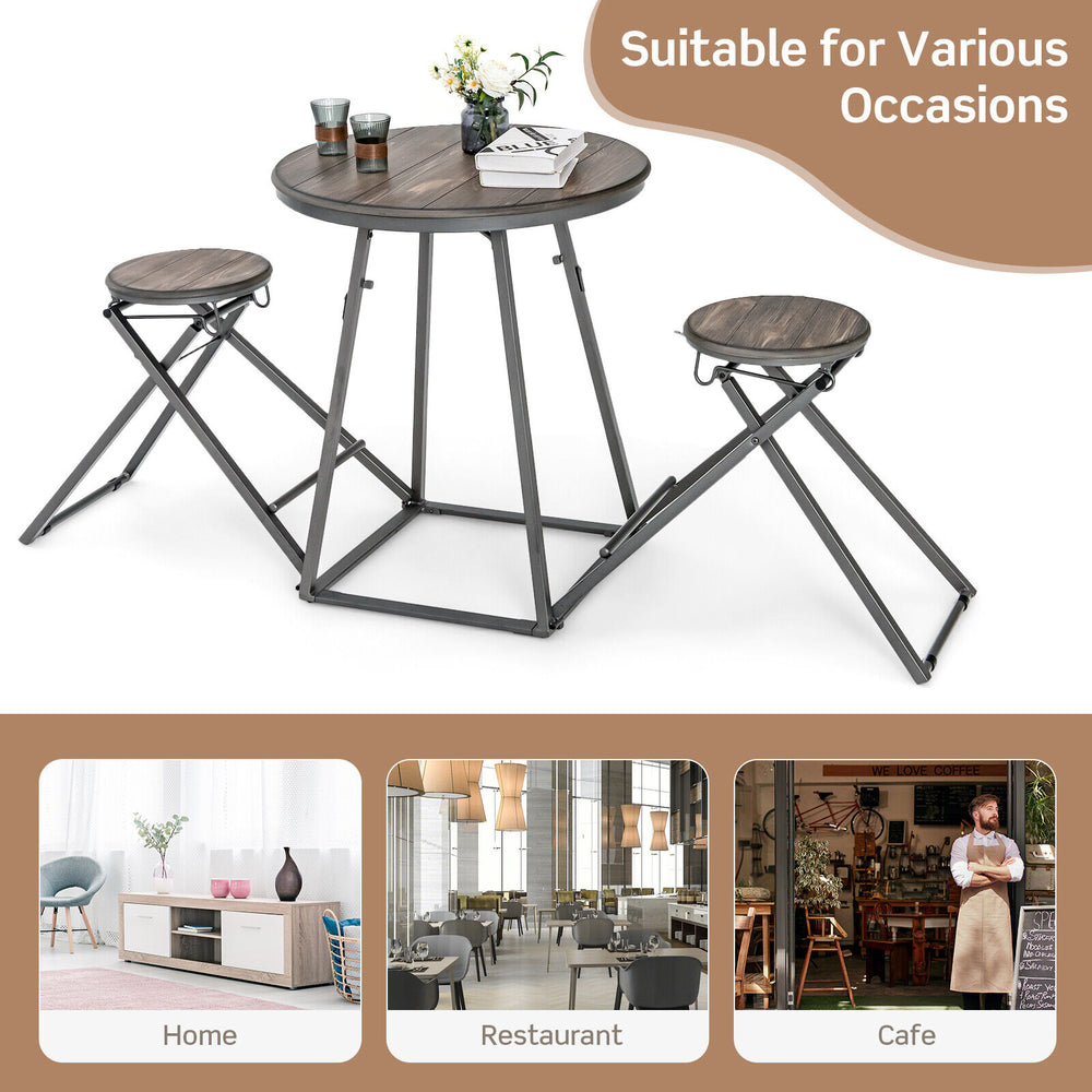 3-piece gray dining table set with foldable stools, made of MDF and steel, ideal for small spaces in cafes or homes.