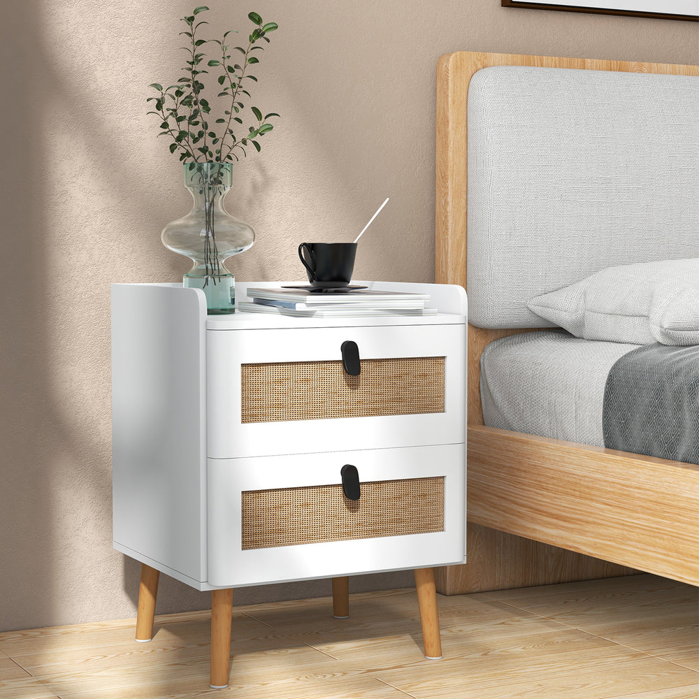 Modern End Table Bedside Table with 2 Rattan Decorated Drawers-White - Gallery View 1 of 10