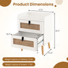 Modern end table with two rattan-decorated drawers, featuring a white finish and dimensions for versatile home use.