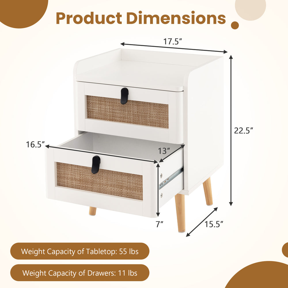Modern end table with two rattan-decorated drawers, featuring a white finish and dimensions for versatile home use.