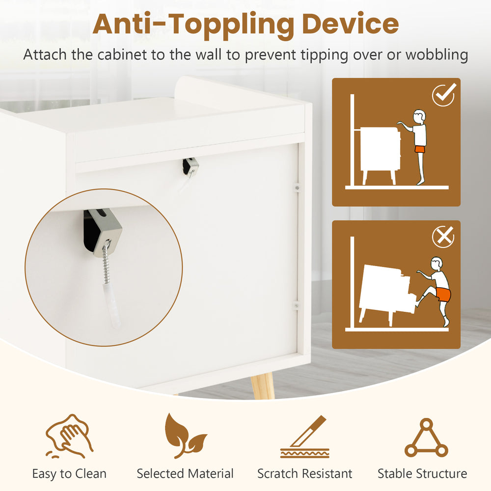 Modern end table with two rattan drawers, featuring an anti-toppling device for added stability and safety.