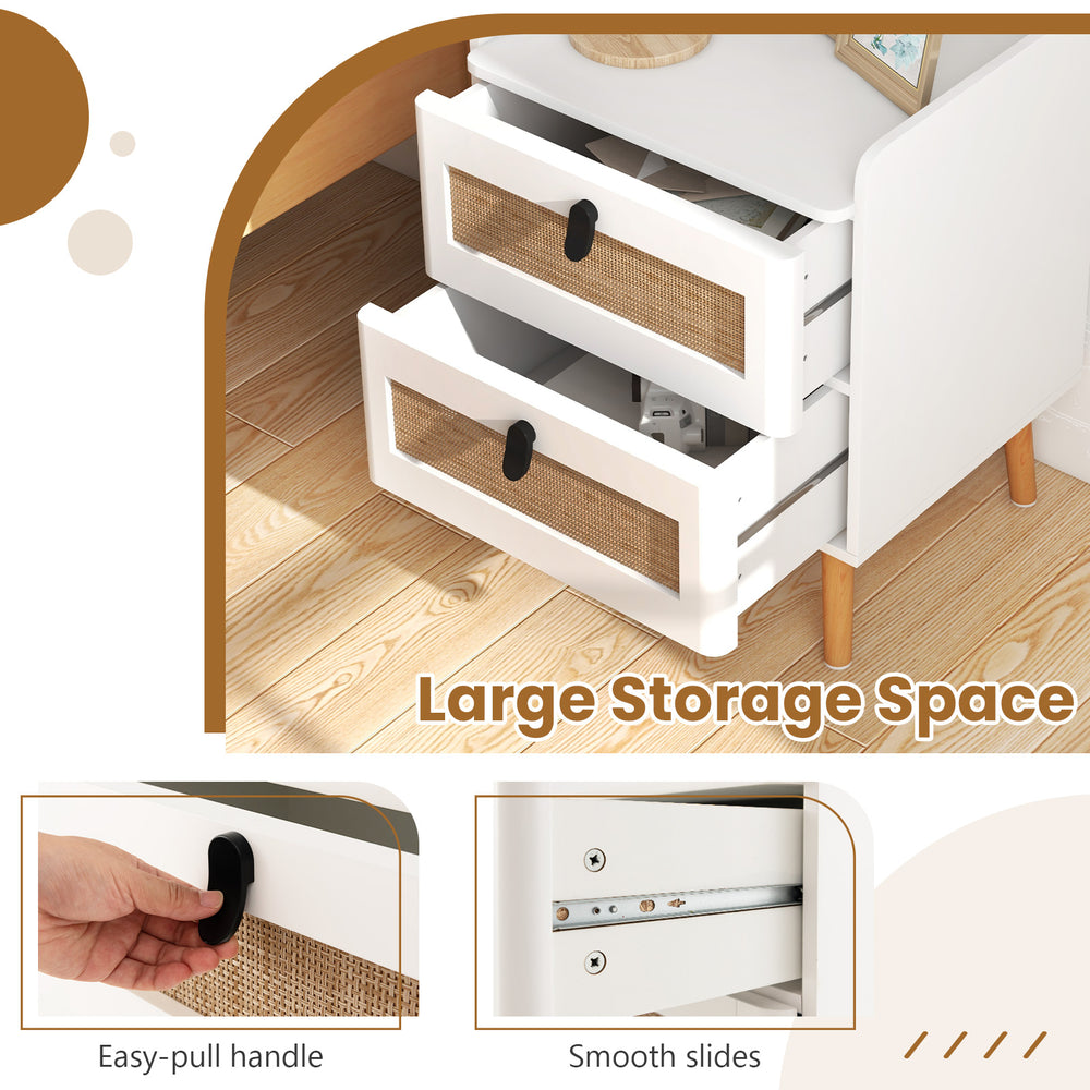Modern bedside table featuring two rattan-decorated drawers and a spacious tabletop for stylish storage solutions.