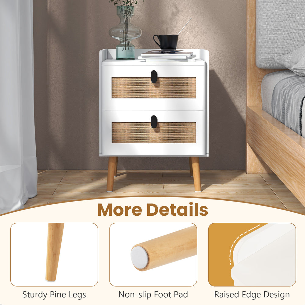 Modern end table with two rattan-decorated drawers, raised edge design, and sturdy pine legs for added stability.