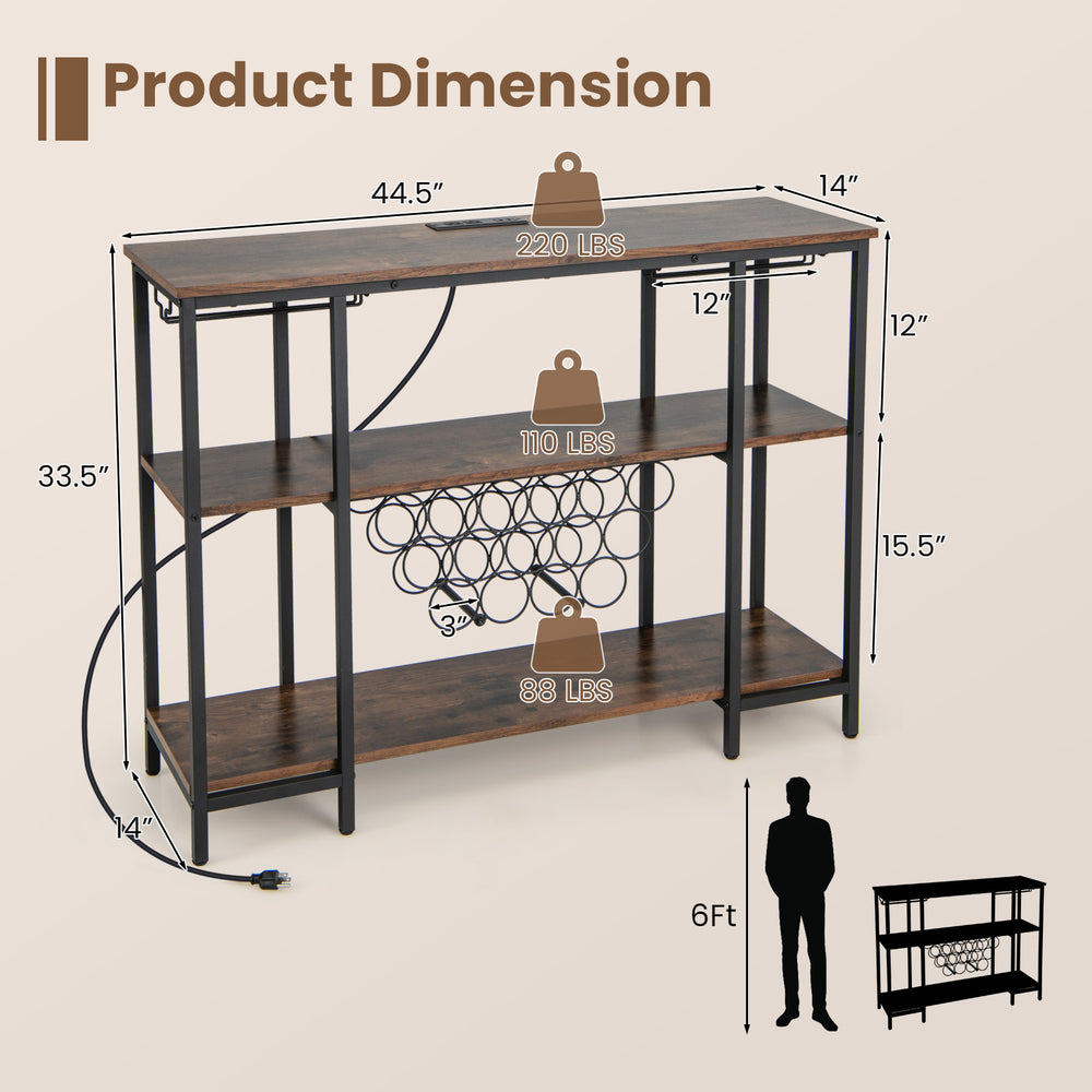 Industrial wine rack with three shelves, glass holders, and bottle storage, featuring a built-in charging station.