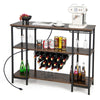 Industrial wine rack bar cabinet in brown with 3 shelves, 15 bottle capacity, and built-in charging station for.