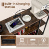 Industrial wine rack with built-in charging station, featuring 2 AC outlets and 2 USB ports for convenient access.