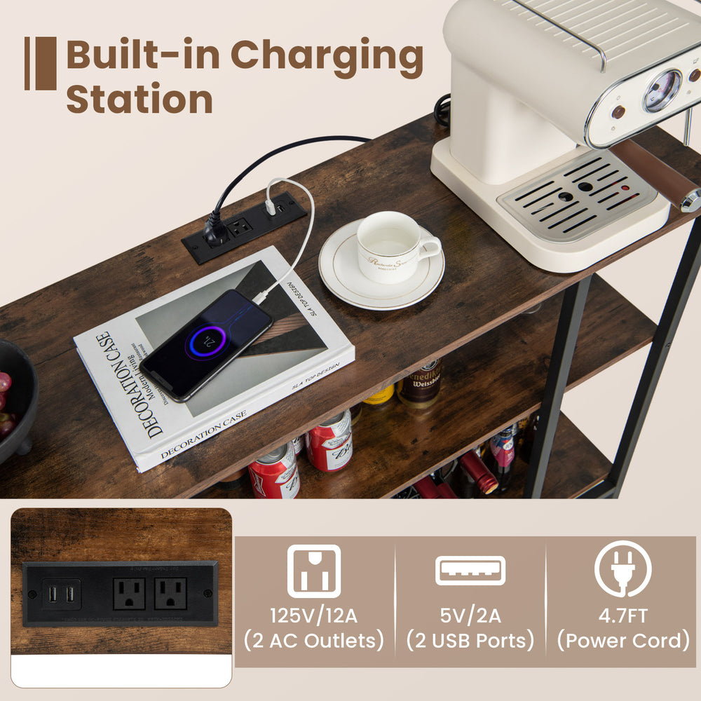Industrial wine rack with built-in charging station, featuring 2 AC outlets and 2 USB ports for convenient access.