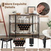 Industrial wine rack with brown shelves, 15 bottle capacity, glass holders, and built-in charging station for versatile.