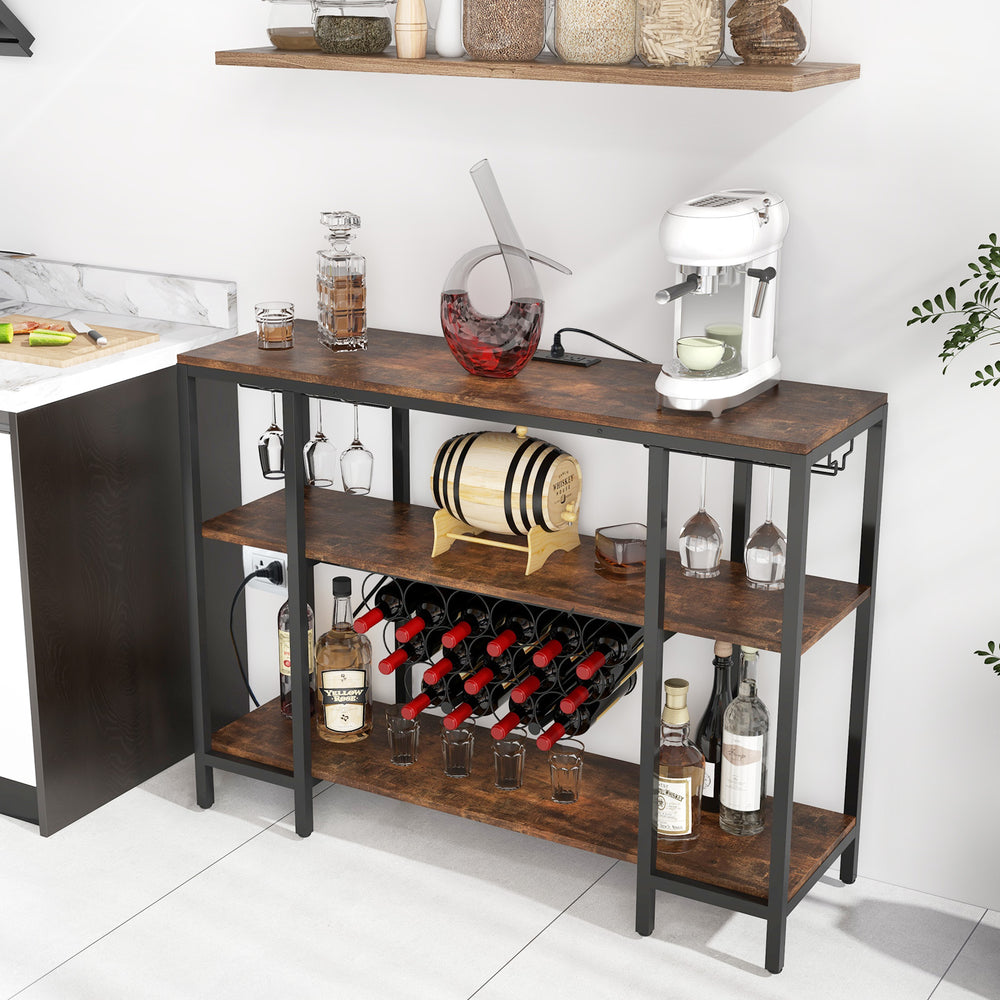 Industrial wine rack with brown shelves, 15 bottle capacity, and built-in charging station for versatile home decor.