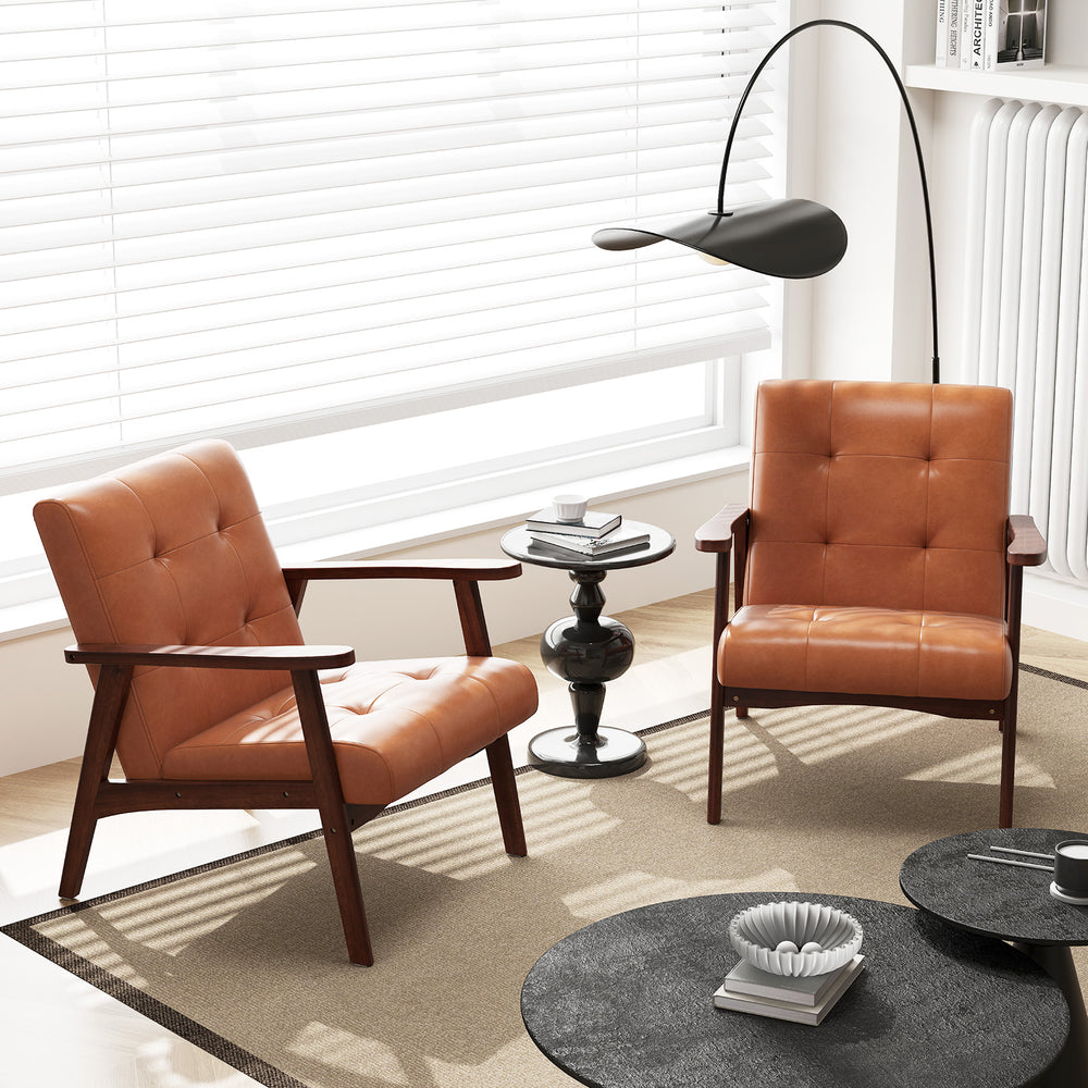 Mid Century Modern accent chairs with solid rubber wood frame and brown leather cover, perfect for living room.