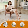 Brown leather accent chair with solid rubber wood frame, ideal for living room or bedroom relaxation and style.
