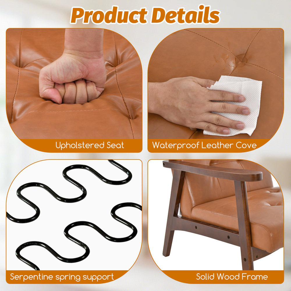 Mid Century Modern accent chair featuring a solid rubber wood frame, waterproof leather cover, and tufted design for.