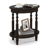 Oval side table in espresso with solid wood legs, featuring a 2-tier design for storage and display in any room.