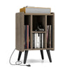 Vinyl record storage turntable stand in gray with 4 open shelves, power outlets, and modern design for versatile use.