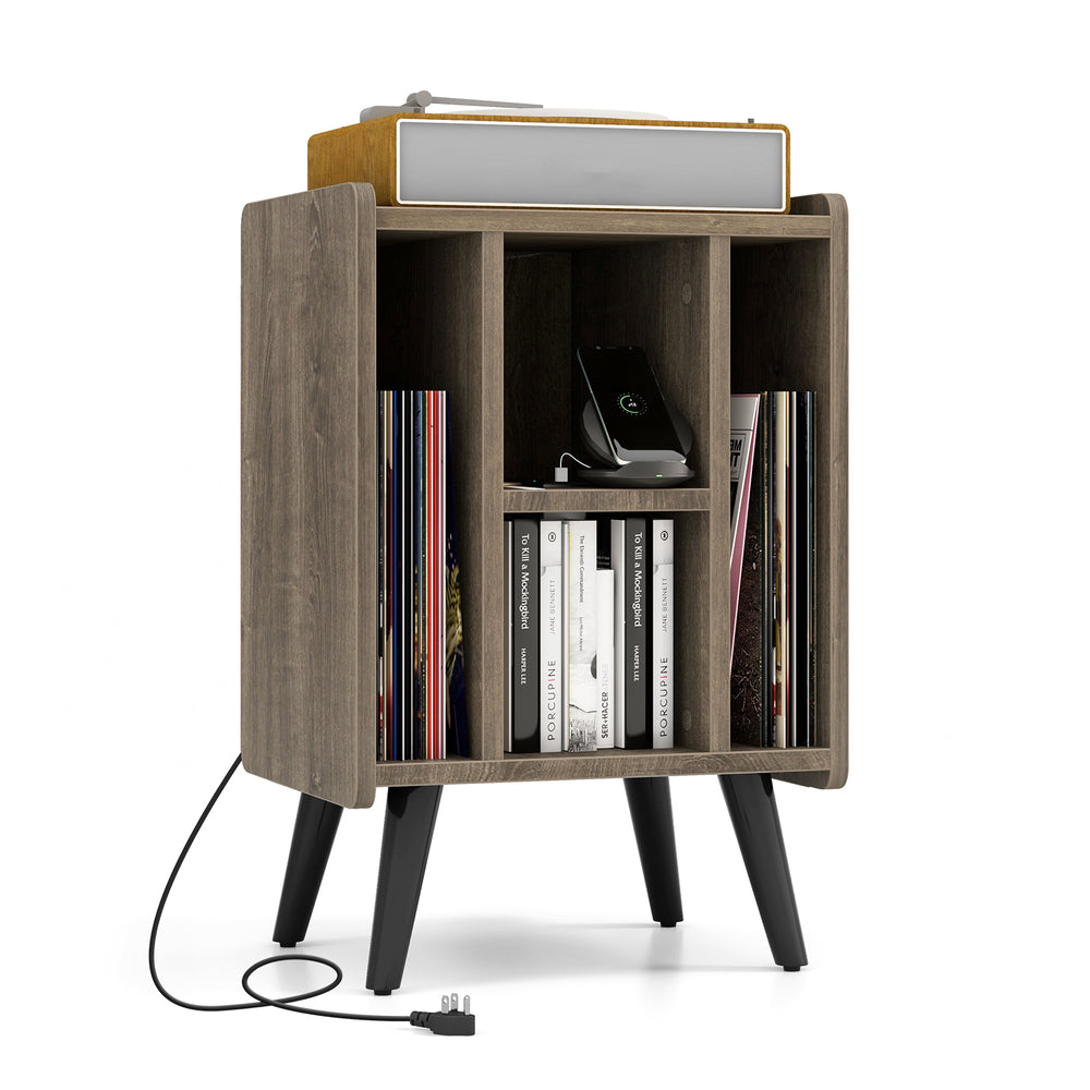 Vinyl record storage turntable stand in gray with 4 open shelves, power outlets, and modern design for versatile use.