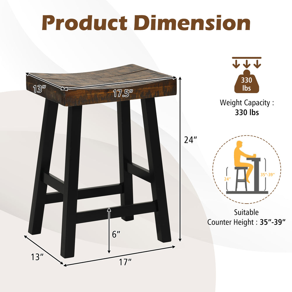 24-inch solid wood saddle-seat stool with curved surface, footrests, and a weight capacity of 330 lbs for versatile use.