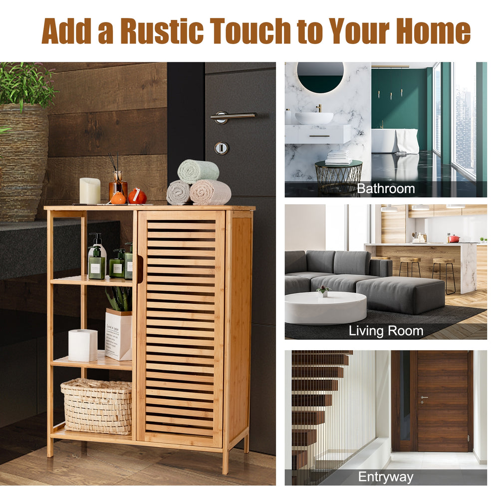 Bamboo bathroom storage cabinet with single louvered door and 3 shelves, ideal for compact spaces and versatile use.